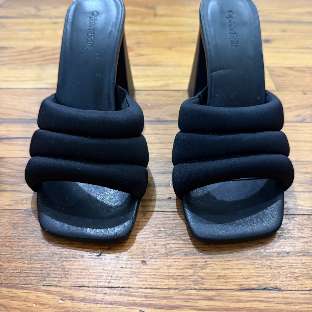 Open Edit Black Quilted Triple-Strap Block Heel Mules